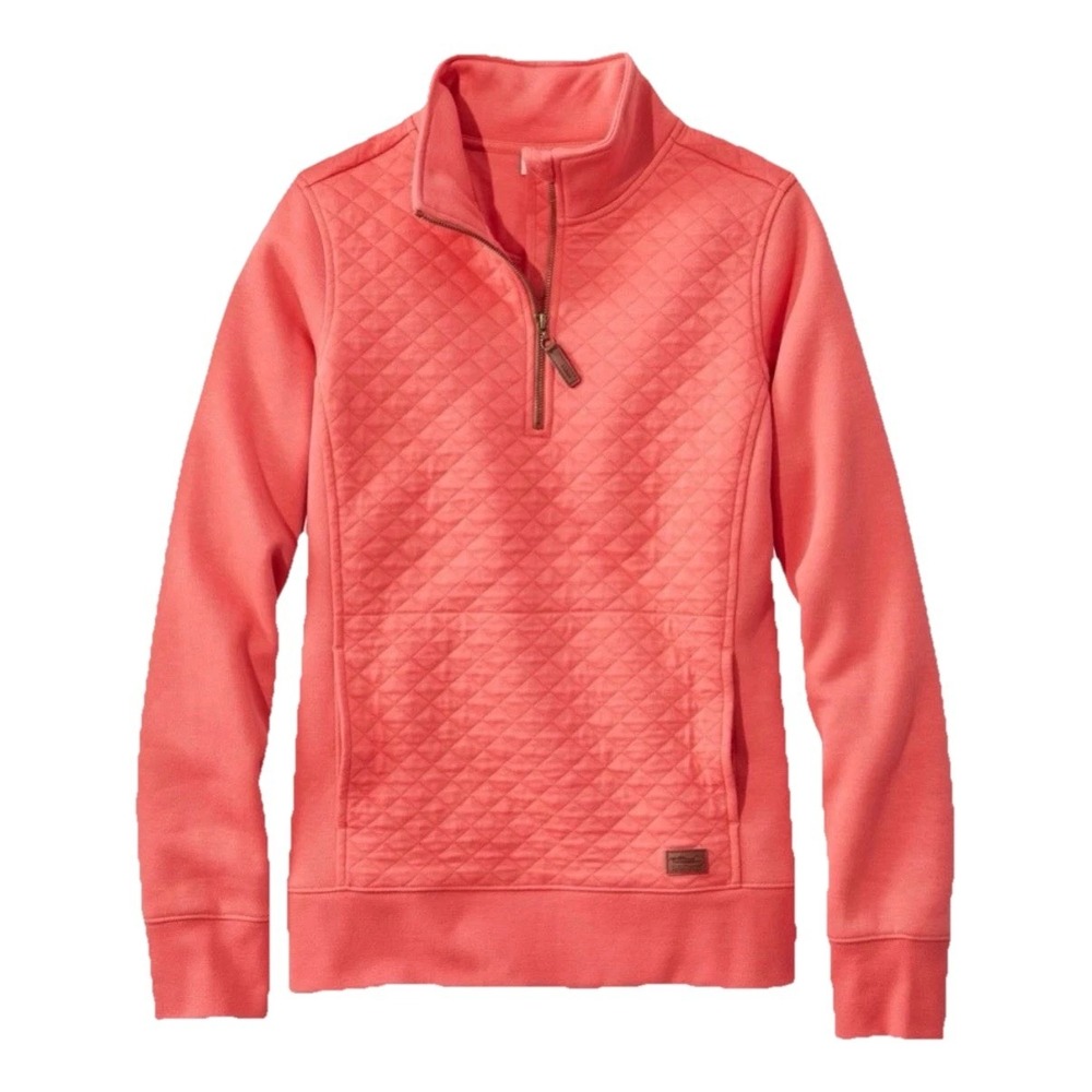 LL Bean Coral Quilted 1/4 Zip Pullover Sweatshirt‎ Pockets Size SMALL PETITE